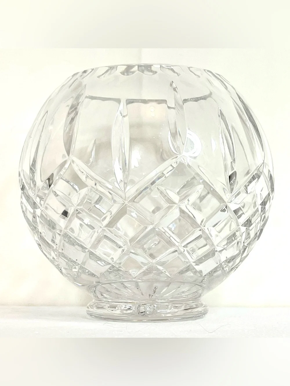 VTG Cut Crystal Rose Bowl Vase Diamond Fan Pattern Round Footed Scalloped Heavy